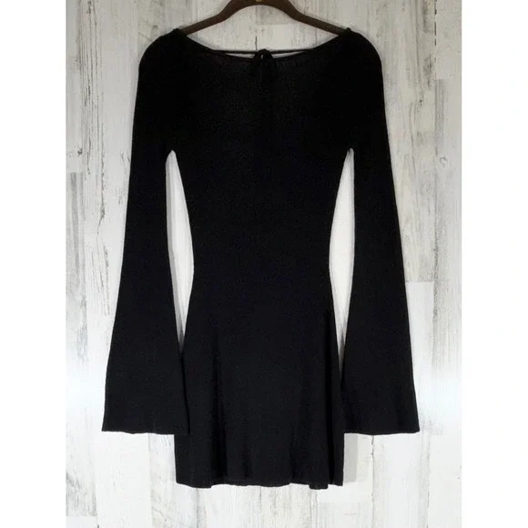 Meshki Zahra Open Back Mini Mesh Knit Dress Semi Sheer XS Black Bell Sleeve NWT - Picture 12 of 14